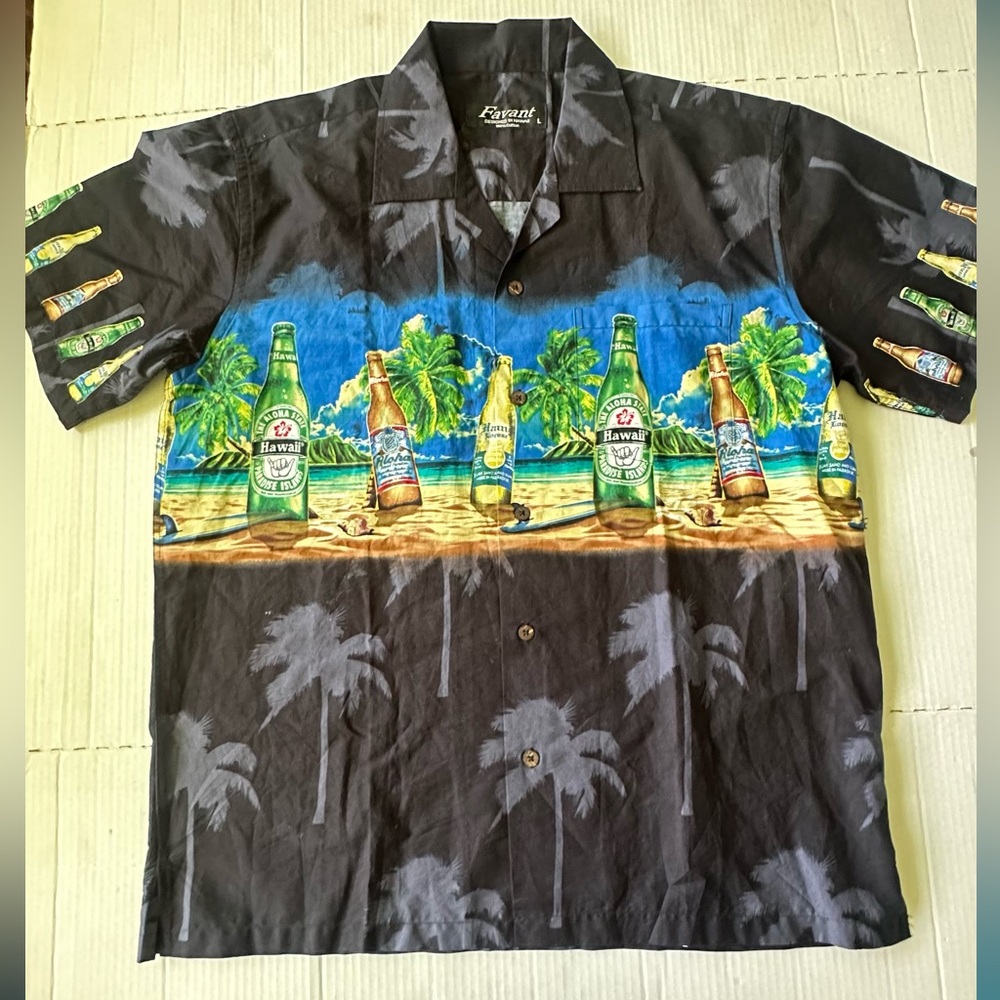 Favant Mens Hawaiian Shirt Tiki Lounge Beer Bottle Short Sleeve Button‎ Sz Large